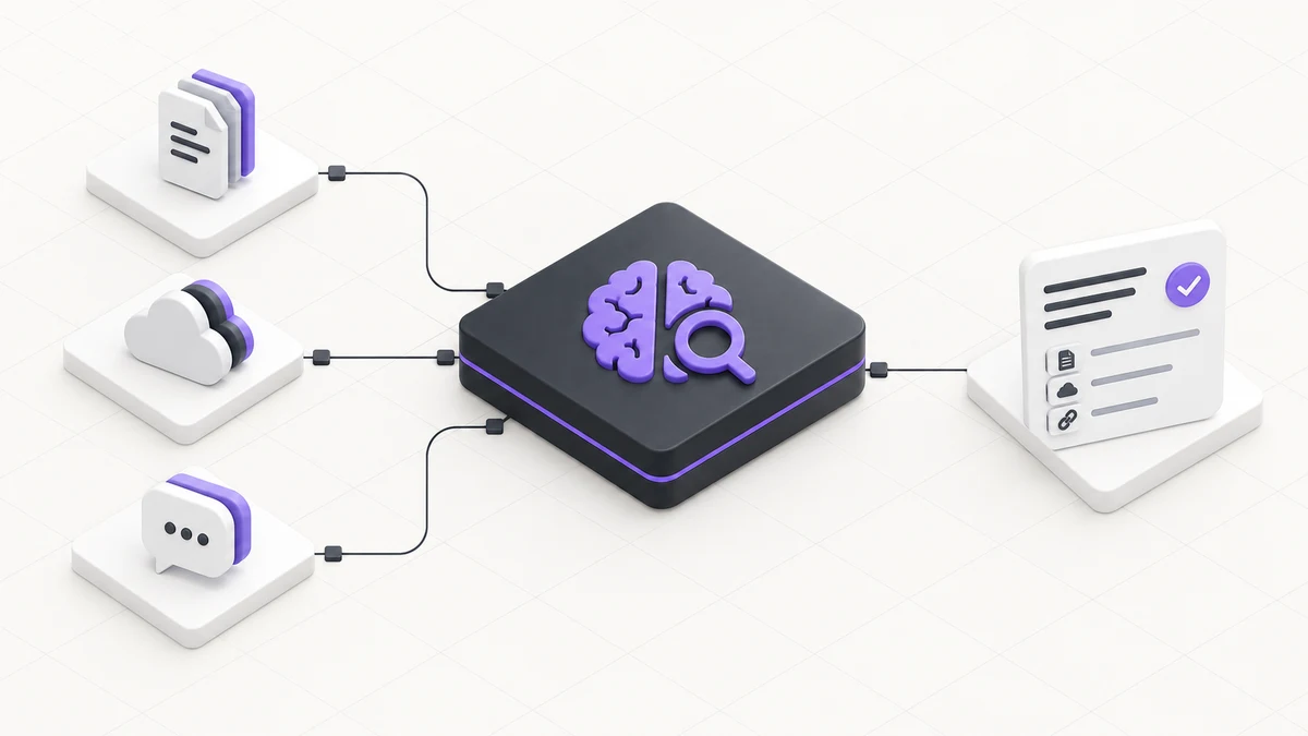 Documents, cloud storage and employee questions connected to an AI knowledge engine and a cited answer