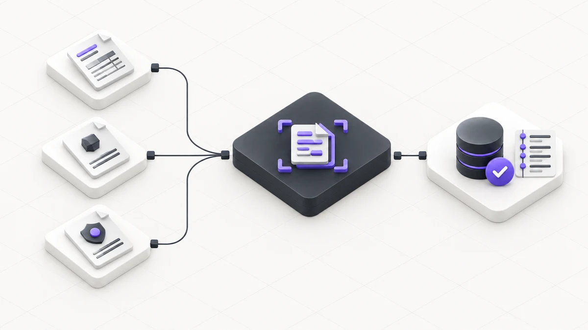 Invoices, purchase orders and compliance documents connected to an AI document-processing platform and verified ERP records