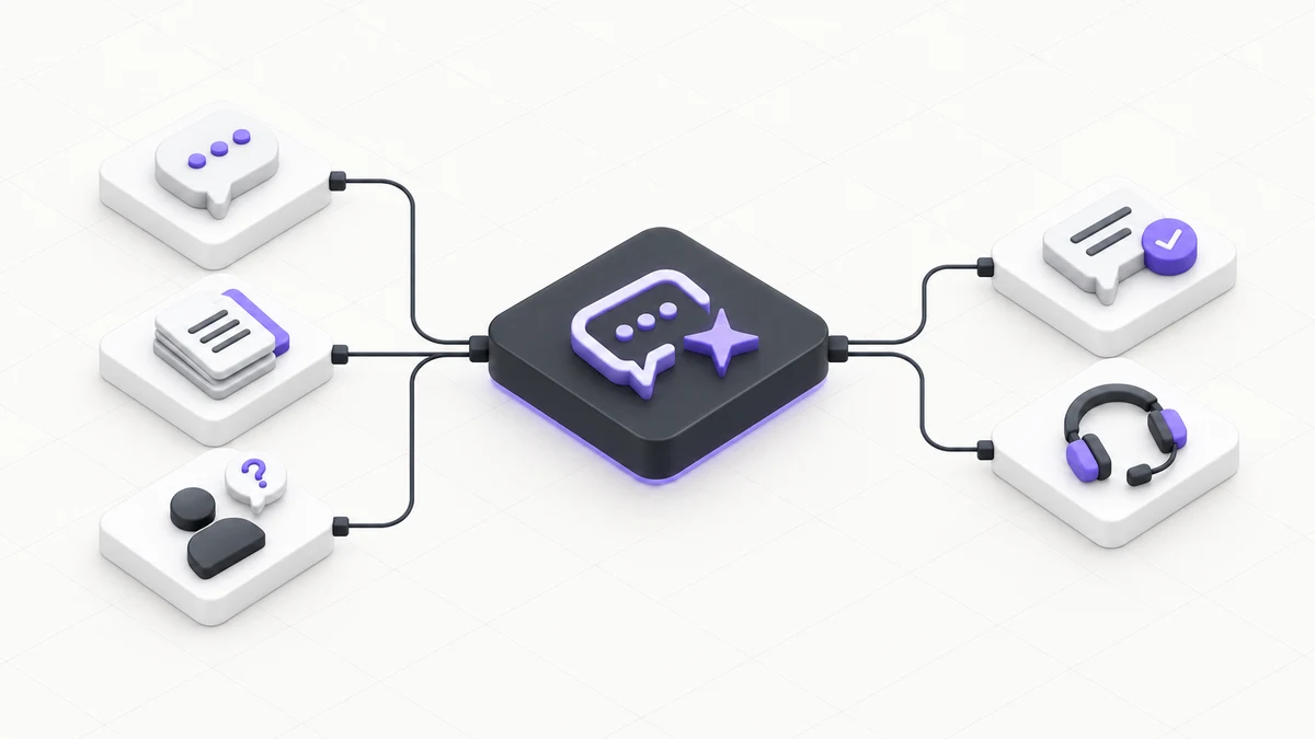 Customer questions and knowledge documents connected to an AI support agent, instant answers and human handoff