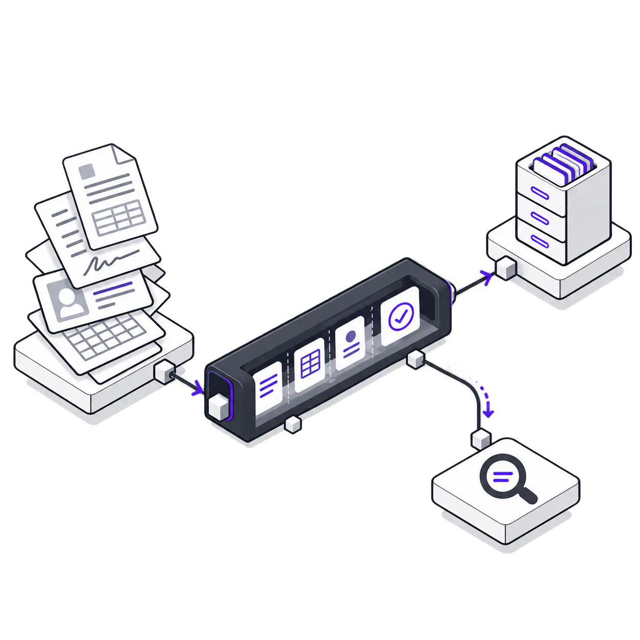 Invoices, KYC packets, and loan applications flow through an AI document pipeline to structured, validated data.